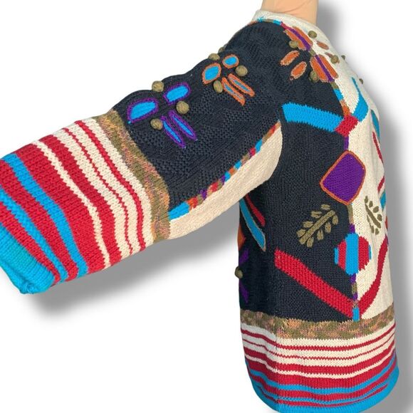 Vintage 90s Abstract Knit Sweater Bold Graphic Oversized Red Stripe Large Weave - Picture 3 of 11